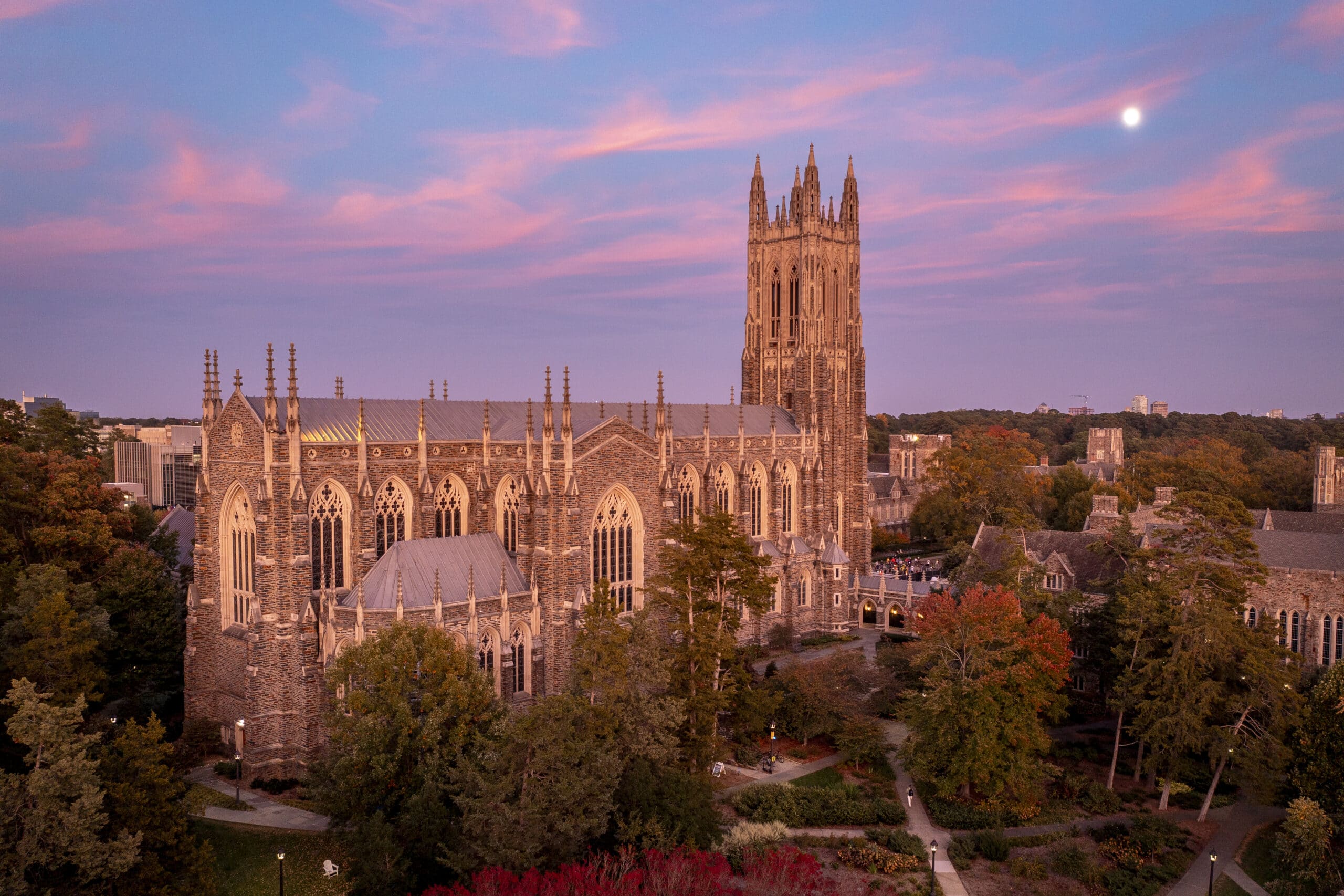 Duke Chapel Fall twilight aerials, Duke University