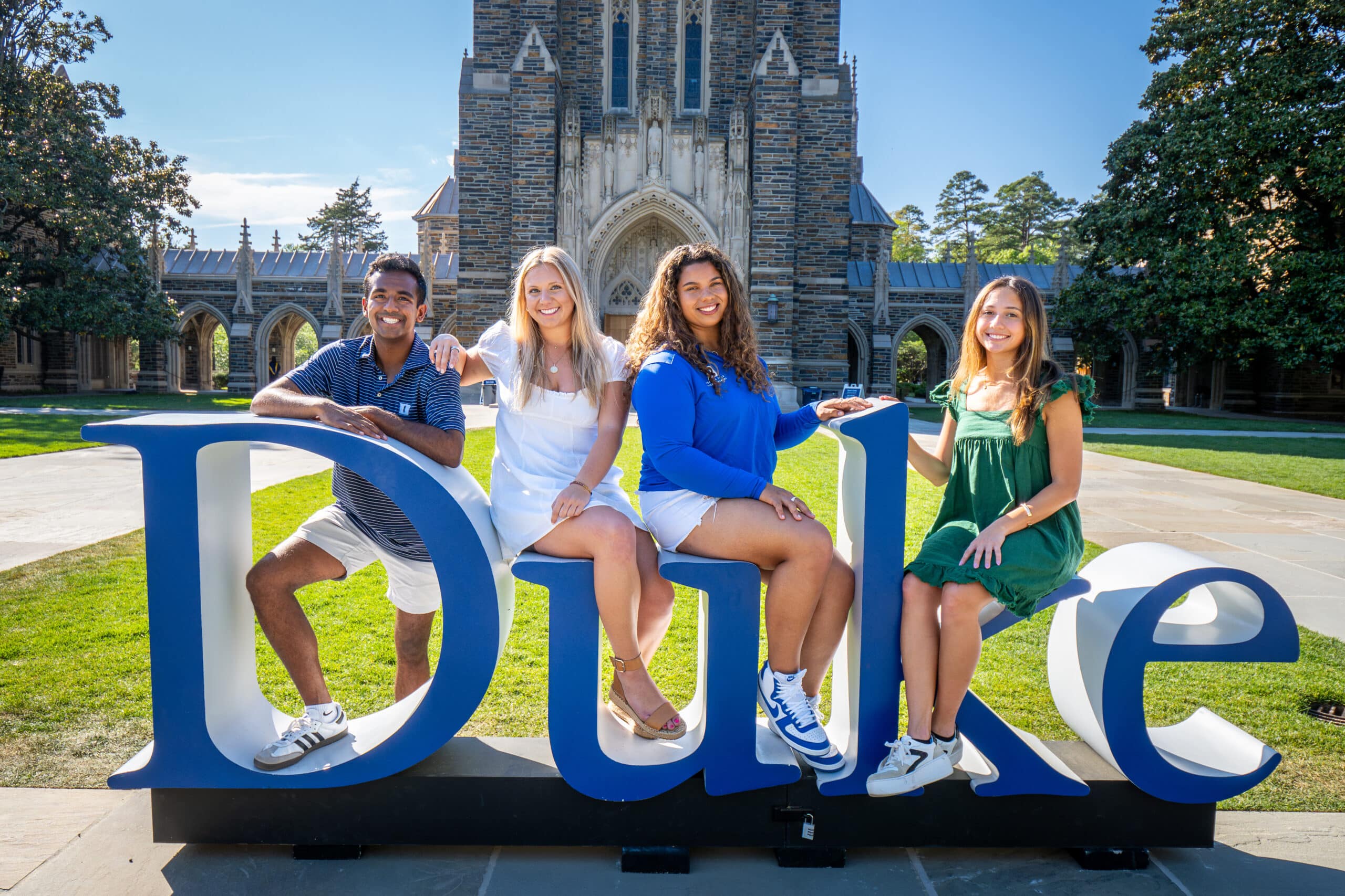 Class of 2024 students on the steps of Duke Chapel during Duke Blue Devil Days, taken for Class of 2014 Reflections for Commencement 2024.