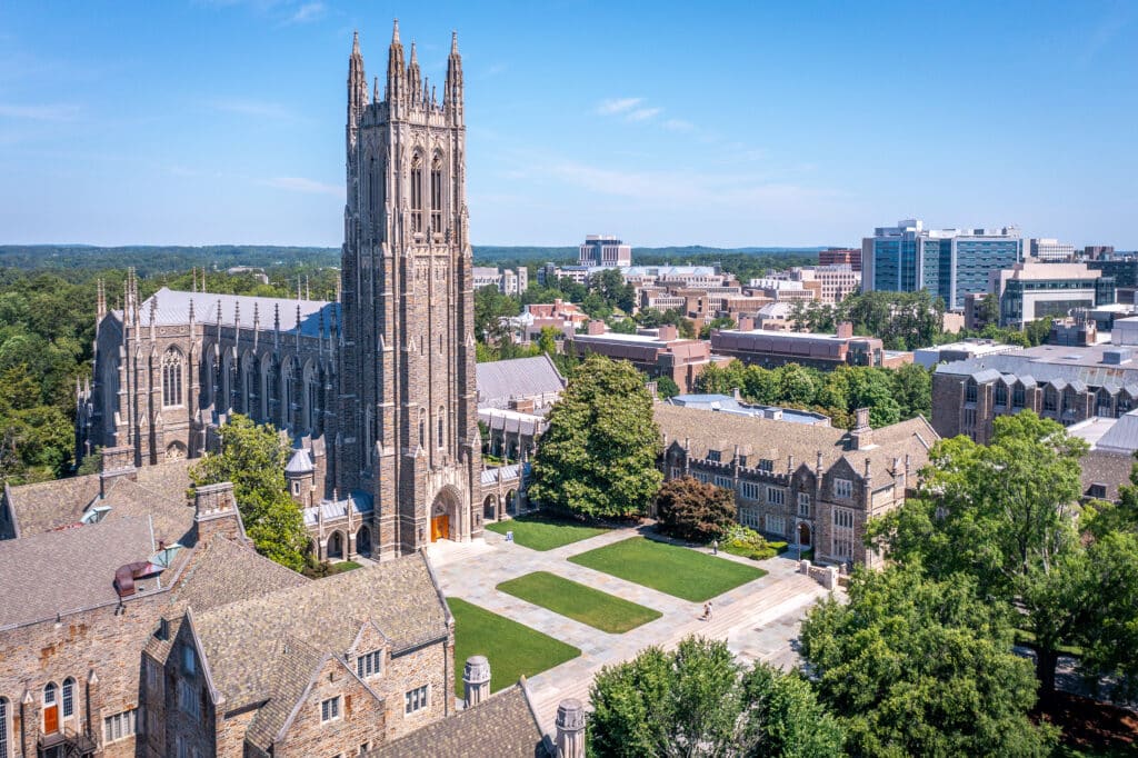 Late Spring Aerials of Duke Chapel and Abele Quad, showing 2024 completed renovation changes to West Campus