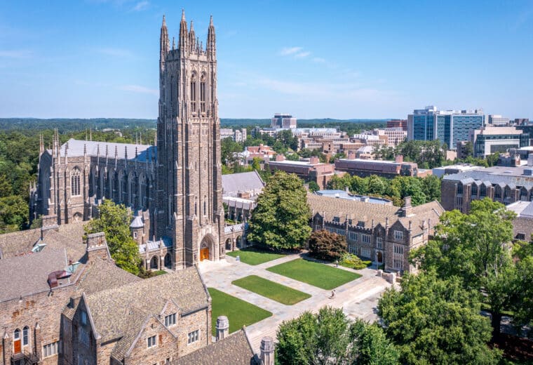 Late Spring Aerials of Duke Chapel and Abele Quad, showing 2024 completed renovation changes to West Campus