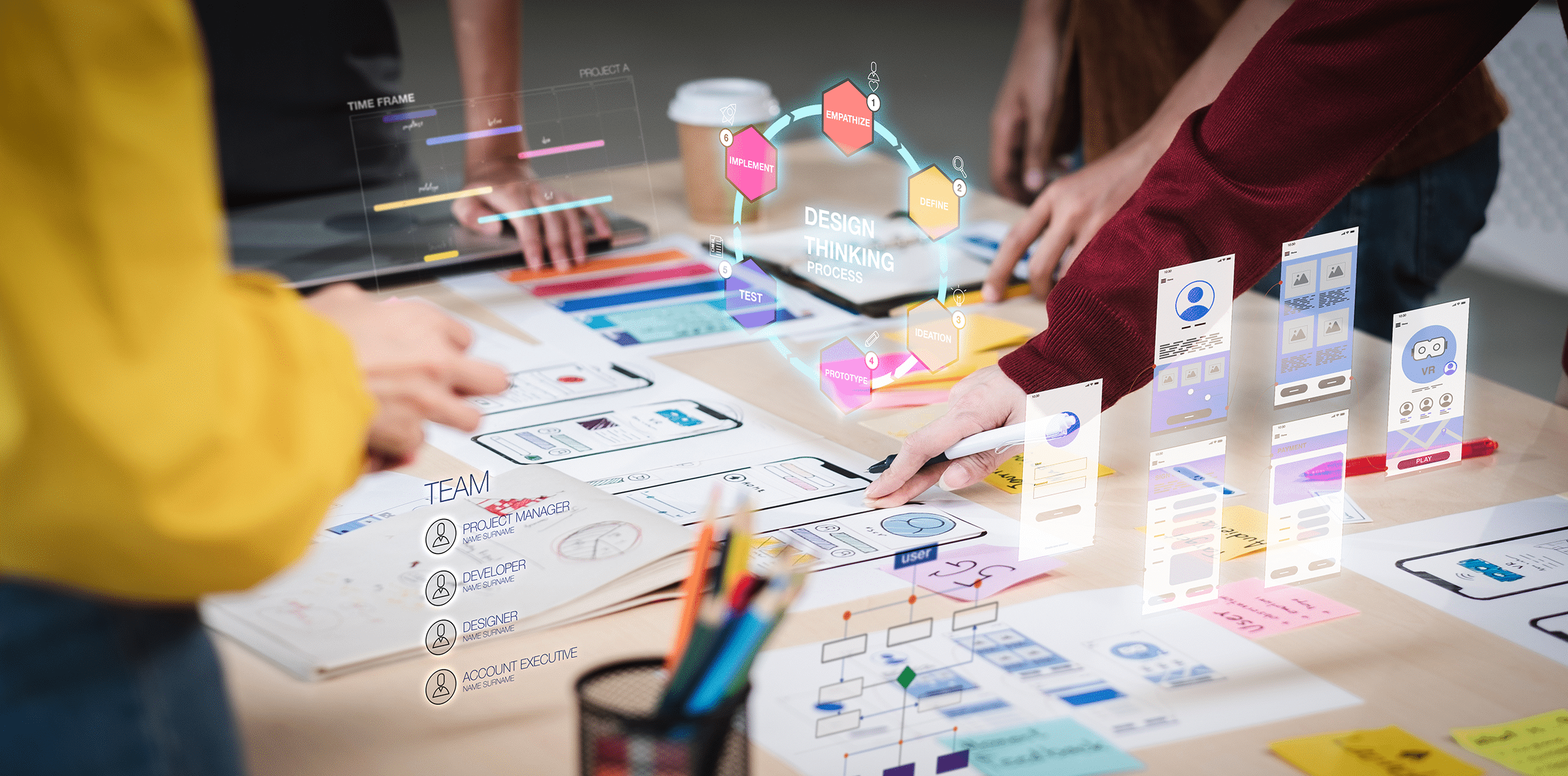 Close up ux developer and ui designer use augmented reality brainstorming about mobile app interface wireframe design on desk at modern office.