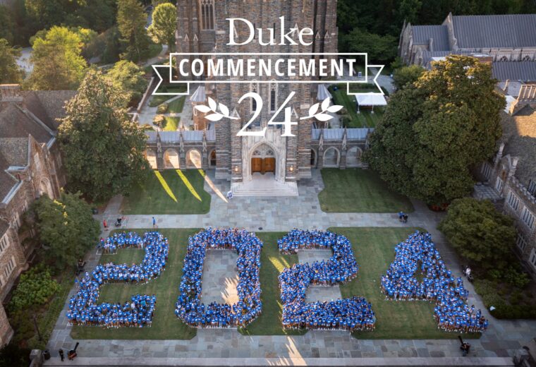 students standing together to shape the number "2024" in front of the chapel