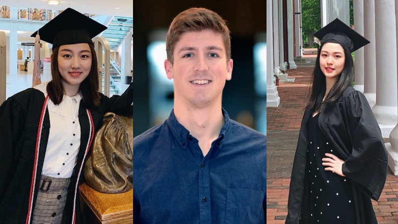 A woman in a graduation cap leaning on a statue, a man in a blue shirt, and a woman in a graduation cap standing in front of white pillars