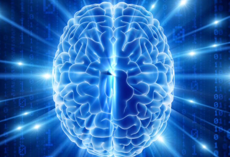 A brain made of blue light with streaks of blue light coming out of it and matrix digits in the background