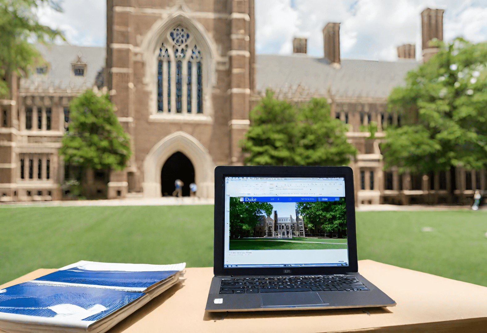 Laptop on campus lawn.