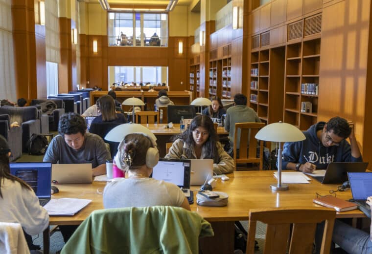 Students prepare for finals week in Bostock Library on Duke’s West Campus.