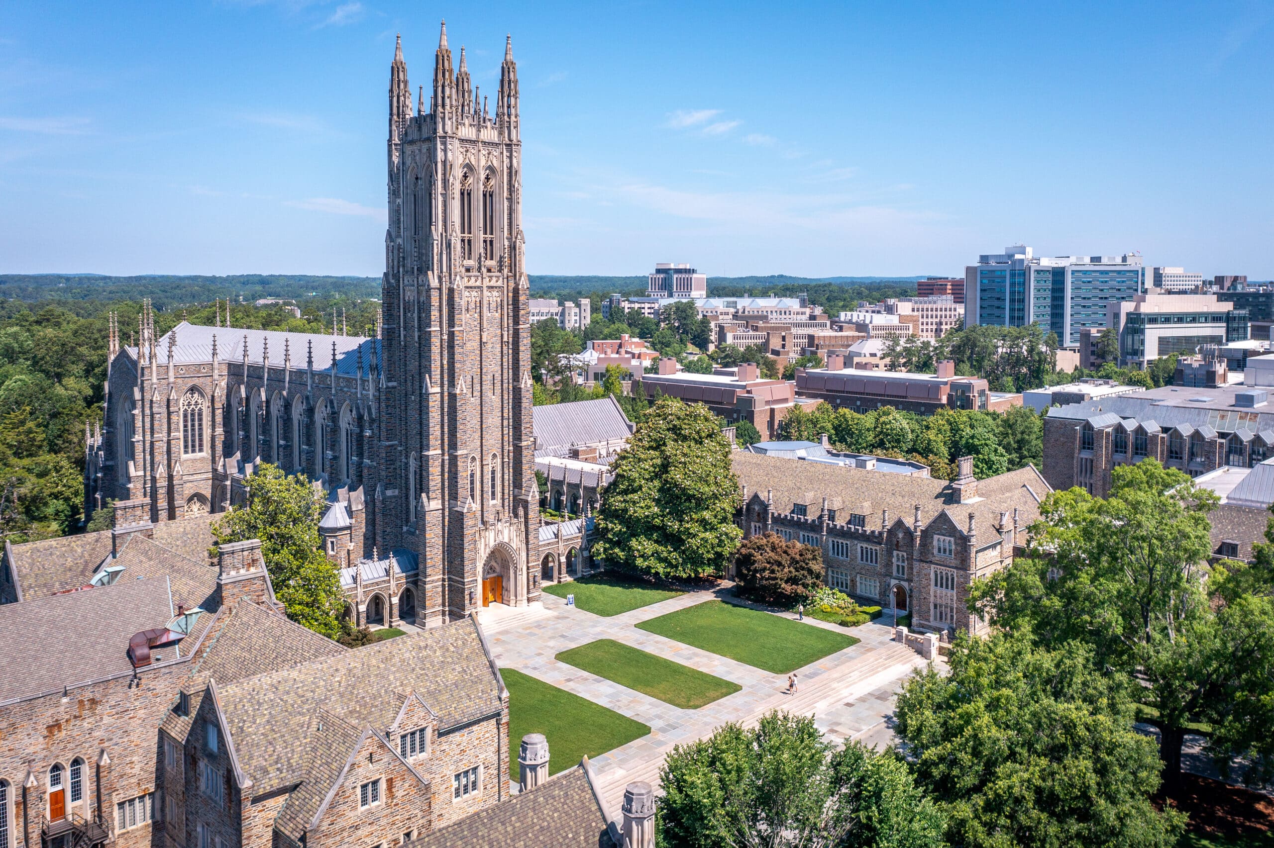 Late Spring Aerials of Duke Chapel and Abele Quad, showing 2024 completed renovation changes to West Campus