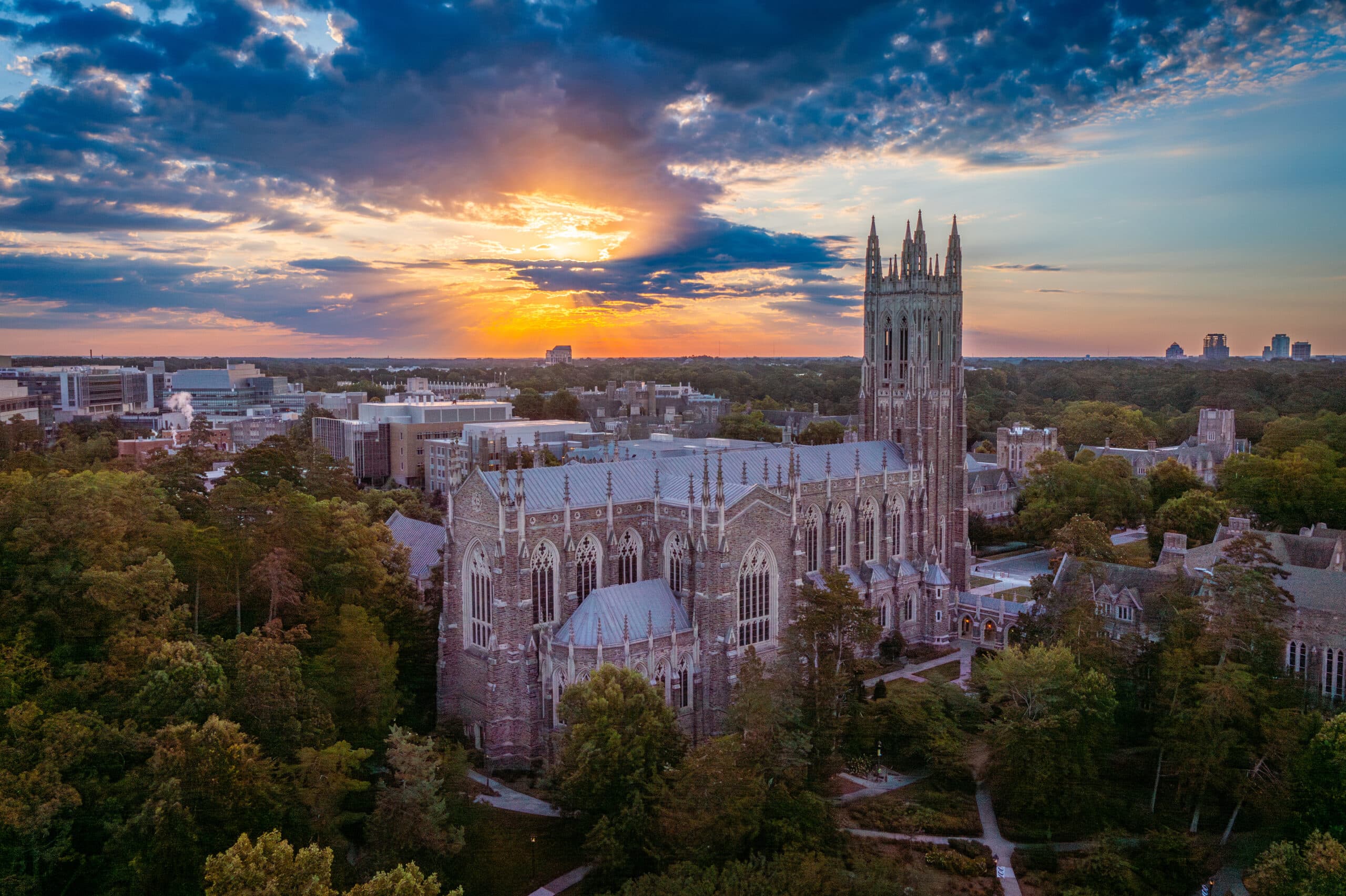 Sunrise Aerial of Duke Chapel, June 2024