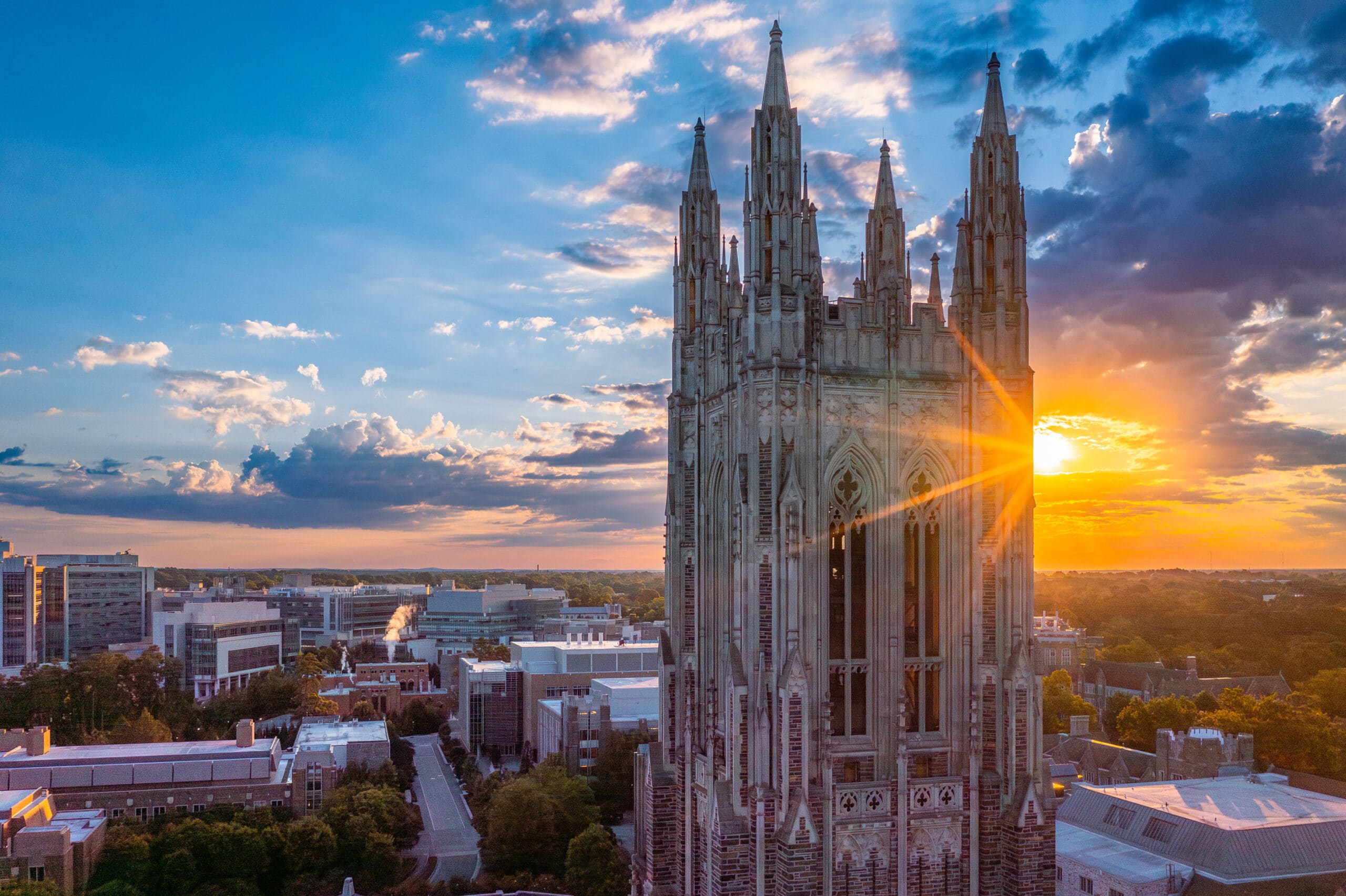 Sunrise Aerial of Duke Chapel, June 2024