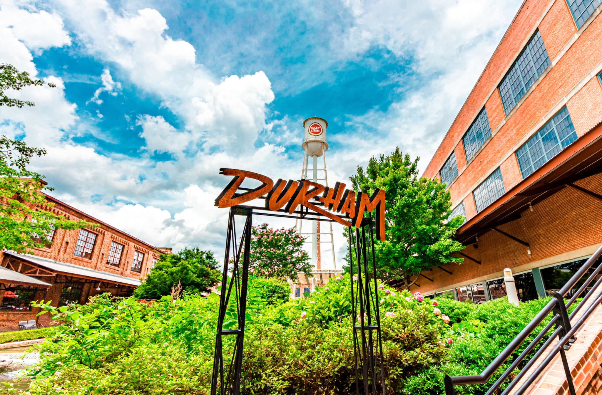 The Durham Sign at American Tobacco Campus was created by Liberty Arts and Cricket Forge and erected in April of 2019 as a tribute to the strength and resilience of the Durham community.