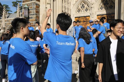 Students talking in front of the Duke Chapel