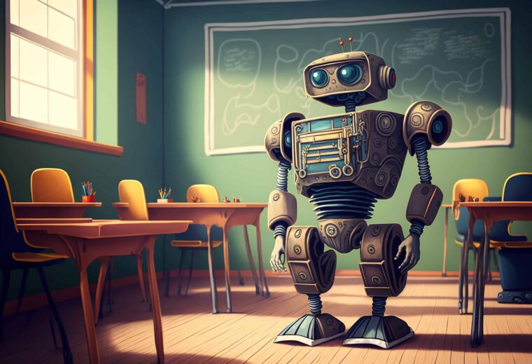 Machine learning, artificial intelligence. Robot studying in the classroom in school. Generative AI