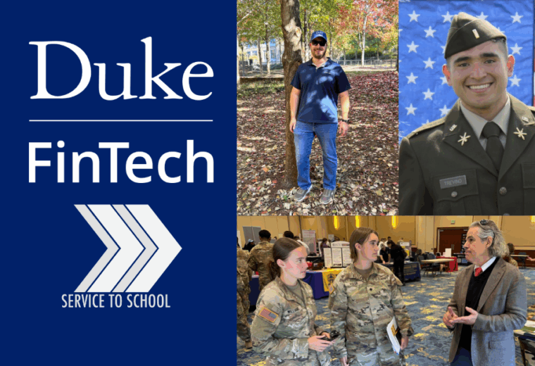 Duke FinTech and Service to School logos on a navy blue background with photos of those associated with the military.